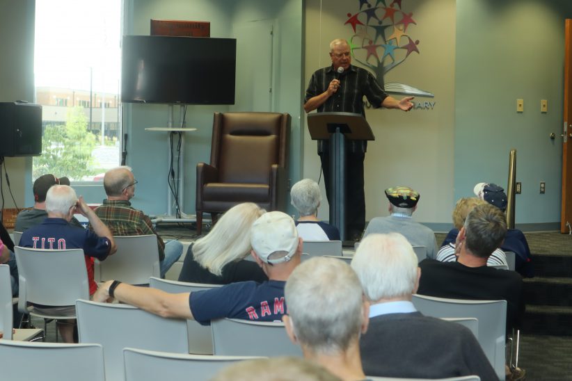 Bruce Drennan speaks to an audience at the Dover Public Library on Saturday, September 4, 2021.