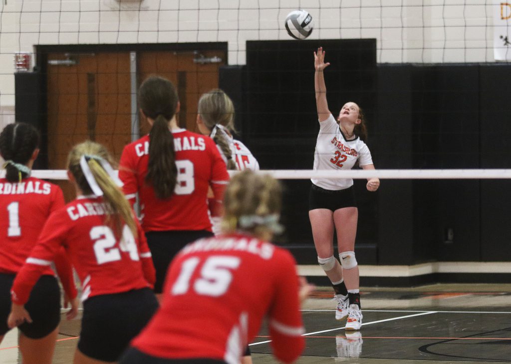 Maddy Edwards of Strasburg serves in game 4 of the volleyball match with Sandy Valley Thursday. The Lady Tigers won the match in 4 games. (JMN Sports/ Jim Cummings)