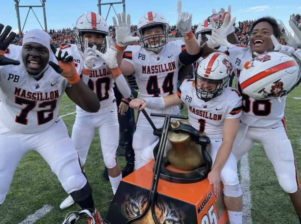 Massillon players celebrate following the Tigers' 35-13 victory over Canton McKinley at Tom Benson Hall of Fame Stadium on Saturday, October 23, 2021. (Twitter/@MassillonSchool)