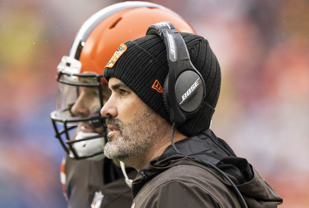 Nov 21, 2021; Cleveland, Ohio, USA; Cleveland Browns head coach Kevin Stefanski talks with quarterback Baker Mayfield (6) during the first quarter against the Detroit Lions at FirstEnergy Stadium. Mandatory Credit: Scott Galvin-USA TODAY Sports