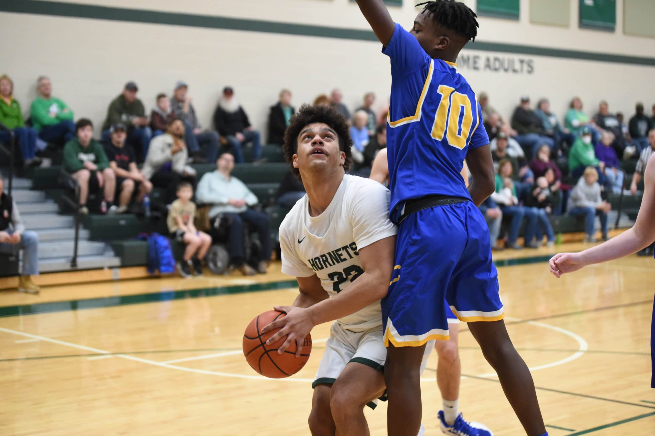 Malvern Hornets senior Bryson White drives to the basket during Tuesday night's 62-33 Hornets win over Steubenville Catholic Central in the Division IV East Sectional semifinals.