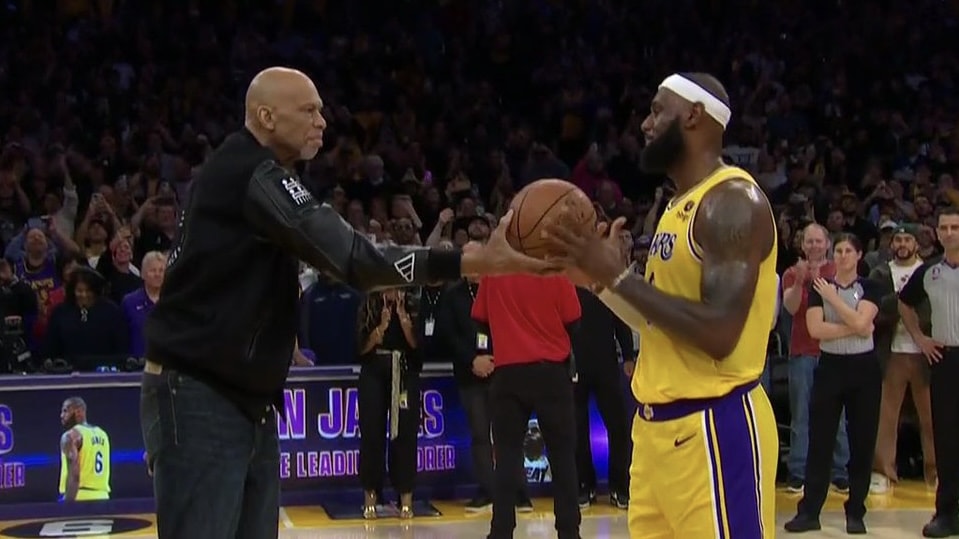 LeBron James (right) is greeted by Kareem Abdul-Jabbar (left) after setting the NBA's all-time scoring record during Wednesday's game between the Los Angeles Lakers and the Oklahoma City Thunder (Photo credit: NBA on TNT)