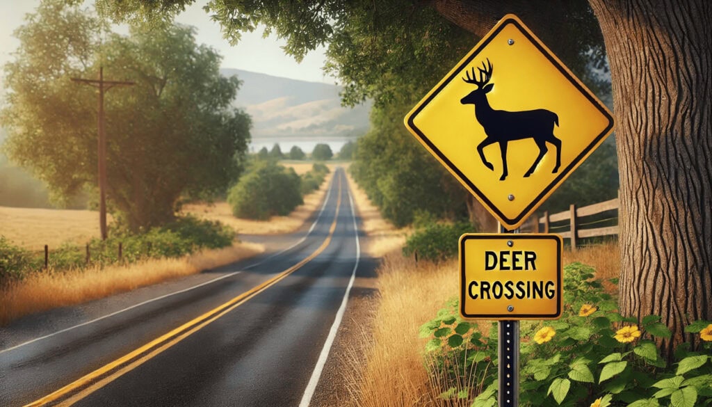 dall·e 2024 11 11 09.25.09 a realistic graphic of a deer crossing sign on a road, with a yellow diamond shaped sign featuring a black deer silhouette. the background includes a