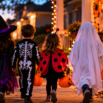trick or treaters approach a haunted porch