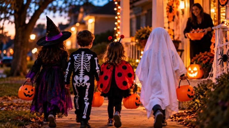 trick or treaters approach a haunted porch
